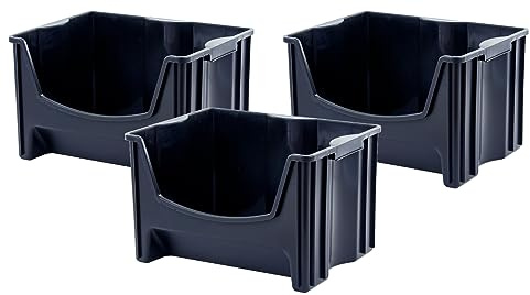 Mighty Tuff Jumbo Stackable Storage Bins, Pack of 3, Easy-Access Storage, Large Easy-to-Grip Handles, Wide Front Opening, Interlocking, Stack Vertically, Black