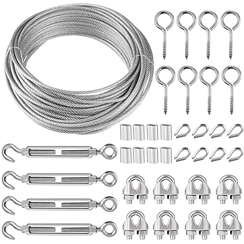 20M 3mm Drahtseil, 20M Edelstahl Drahtseil Set, Φ3mm Stahlseil Rankhilfe Ummantelt, Stahlseil mit ösen, M5 Spannschloss Seilspanngarnitur, für String Light Suspension, Gardinen