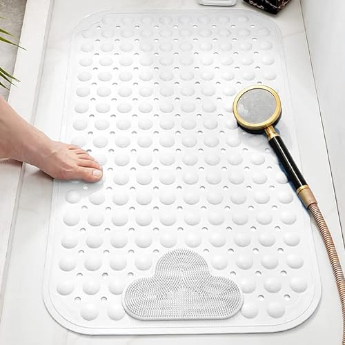Moulaelos Non-Slip Shower Mat, 80 x 50 cm, Non-Slip Bath Mat with Suction Cups, Shower Mat, Comfort Massage, Non-Slip Mat, Shower, Machine Washable, White