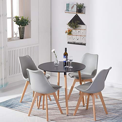 FURNITABLE Set aus Runder Esszimmertisch mit 4 Grauen Stühlen | Essgruppe 5-teilig | Esszimmergruppe für Esszimmer Küche Wohnzimmer | Schwarzer Esstisch