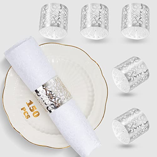 150PCS Premium Napkin Rings Laser Cut Foil Paper Napkin Holder for Wedding Party Dinner Table Decor,Special Events and Catering Services (Silver)