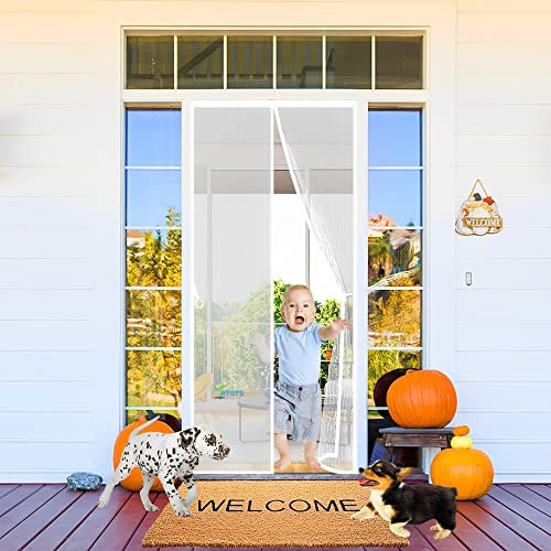 Screen Door Curtain, 225 x 210 cm Magnetic Self-Closing Privacy Door Screen Winter Stop Draft Keep Cold Out Door Cover【White】