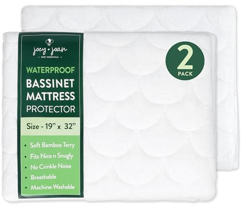Joey + Joan Waterproof Bassinet Mattress Pad Cover 19 x 32 for Cowiewie Bedside Sleeper Bassinet Sheets – Made from Ultra Soft Bamboo Viscose Terry – 2 Pack