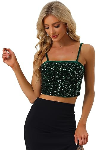 Allegra K Damen Pailletten Oberteil Ärmellos Tanktop Spaghettiträger Glitzer Cami Party Crop Top Dunkelgrün XS