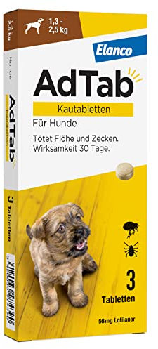 AdTab Hunde Zecken- und Flohschutz (> 1,3 bis 2,5 kg), Kautablette tötet Zecken und Flöhe schnell ab und schützt einen Monat lang, leicht zu verabreichen (3 St. pro Packung)
