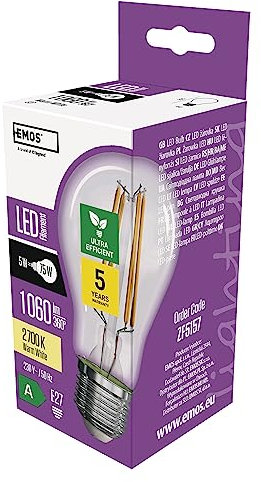 EMOS LED Lampe Edison A60, 5W Ersatz für 75W Glühbirne, A Klasse Vintage-Birne mit E27 Sockel, Helligkeit 1060 lm, Warmweiß 2700 K, extra lange Lebensdauer 50000h, CRI min. 80, 300° Abstrahlwinkel