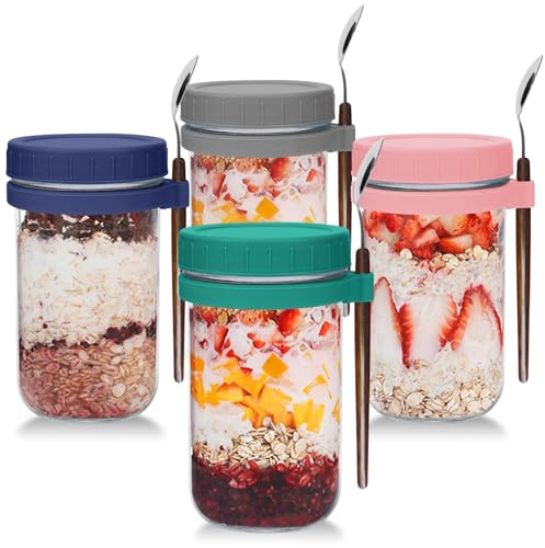 UHAPEER Vasos de Cereales de Cristal Con Tapa y Cuchara - Juego de 4 Tarros de 600 ml Para Yogur, Avena, Muesli y Ensalada