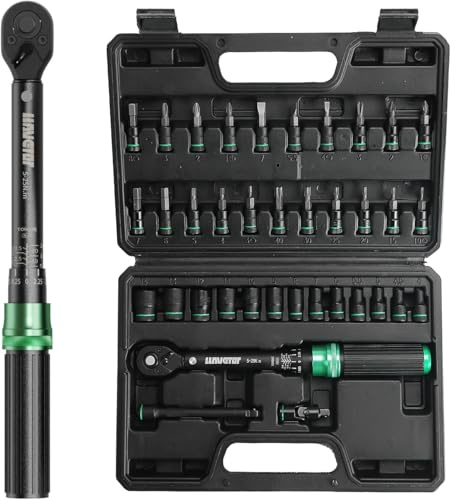 LLAVETOR 1/4 Llave Dinamométrica, 5-25Nm Chave Dinamométrica, 19 Piezas Juego Llaves Vaso para Bicicleta de Carretera y Montaña con Barra de Extensión, 1/4 Llave de Ttrinquete, Puntas Vasos