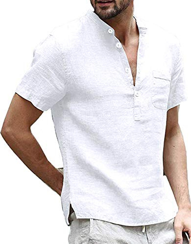 Runcati Camicia da Uomo in Lino Henley a Maniche Corte Camicia da Uomo per il Tempo Libero Camicia Estiva Camicia Business per Uomini, bianco, L