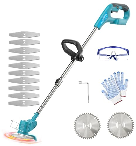 Akku Rasentrimmer, Ersatz für Makita 18V BL1830, inkl.10x Metallklinge & 2X Kreissägeblätter, 90° Drehkopf, Teleslopstiel, für Rasenschneiden Rasenpflege Auffahrt (ohne Akku)