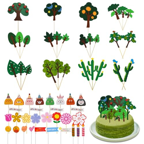 VEINARDYL 58 pcs Woodland Cake Toppers - 36 Green Trees, Floral & 22 Animal Slogan Cupcake Topper Decorations for Jungle, Zoo, Camping & Baby Shower Parties