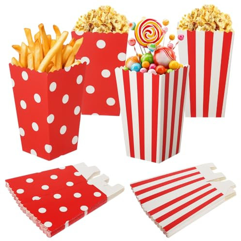 FINEASY 40 Pezzi Scatole Sacchetti Pop Corn, Mini contenitori per Popcorn, Sacchetti per Compleanno, Popcorn Caramello per Feste Matrimoni Carnevale Favore Partito (Righe Rosse & Pois)