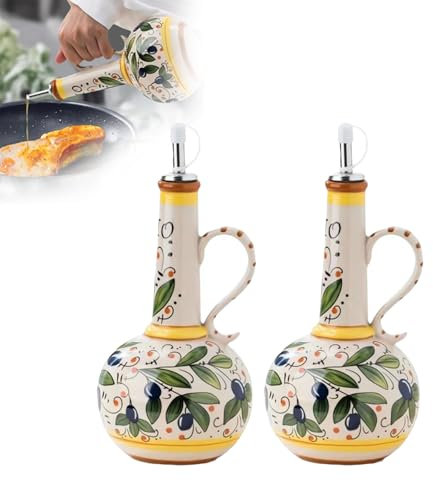 Yiokii Ceramic Olive Oil Dispenser Bottle, 23OZ Hand Painted Olive Oil Bottles, Decorative Italian Ceramic Olive Oil Dispenser for Kitchen with Stainless Steel Spout for Oils, Sauces, Vinegar
