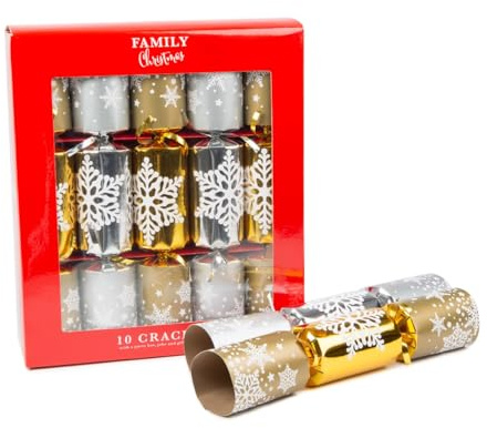 Classic Christmas Family Party Crackers for loved ones | Birthday Party Crackers | Luxury Christmas Party Crackers | 10” x 12” (GOLD & SILVER SNOWFLAKE)