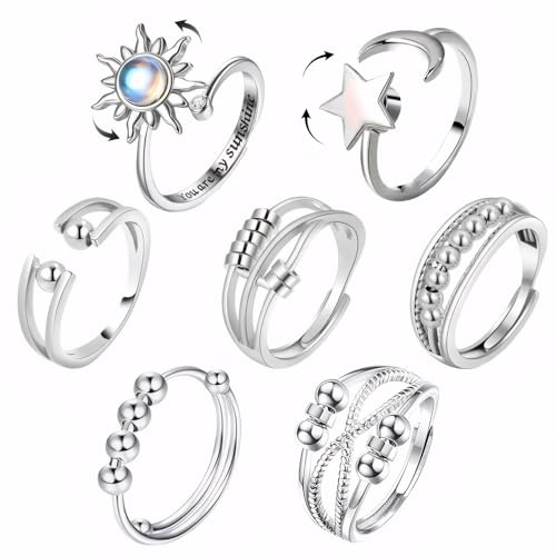 LINXINS 7Pcs Fidget Rings, Sterling Silver Anxiety Ring for Women, Adjustable Open Spinner Rings, Fidget Jewellery for Mum Girlfriend Daughter - Anxiety Relief Gift