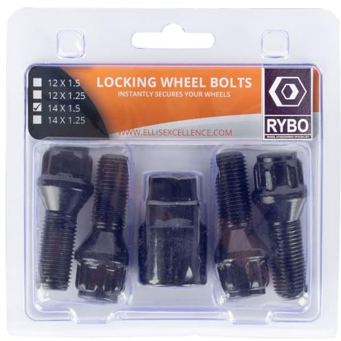 RYBO Set of 4 M14 x 1.25 Tapered Alloy Wheel Locking Bolts (Black, 33mm Thread Length)