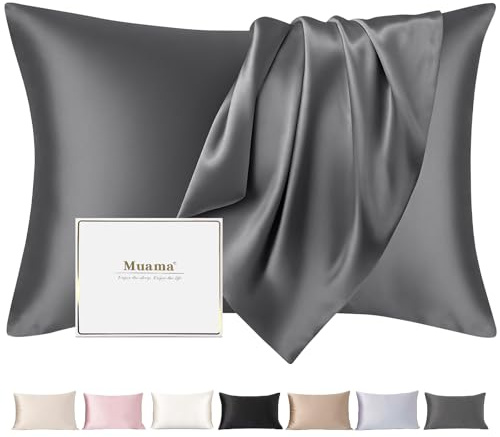 Muama Seidenkissenbezug 40x80 cm Maulbeerseide für Haar & Haut, Anthrazit | Silk Pillowcase, Reduziert Haar-Frizz & Hautfalten, Thermoregulierend, Kühl, atmungsaktiv, Diskreter Reißverschluss, 1 Stück