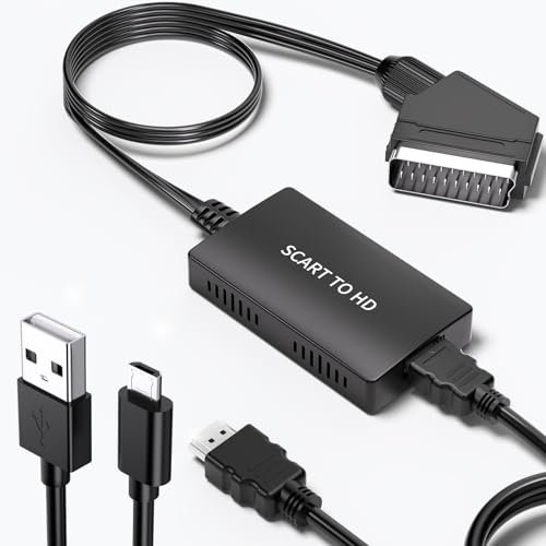 Gulemfy Scart auf HDMI Adapter, Männlicher Adapter Scart auf HDMI, 720P/1080P Video Audio Konverter mit HD-MI Kabel und USB Netzkabel für PS3 DVD Xbox STB Sky