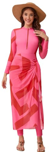IDOPIP - Costume da Bagno Burkini Musulmano per Donne, Costume Intero con Gonna da Spiaggia + Copricapo Sarong + Pantaloni, 4 Pezzi, Rosa, L
