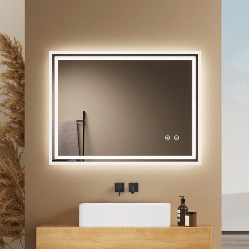 EMKE Badspiegel mit Beleuchtung 80x60cm, dimmbares kaltweißes Licht | Badezimmerspiegel mit Anti-Beschlag-Funktion, Touchschalter, Speicherfunktion, automatische Abschaltung nach 3 Stunden