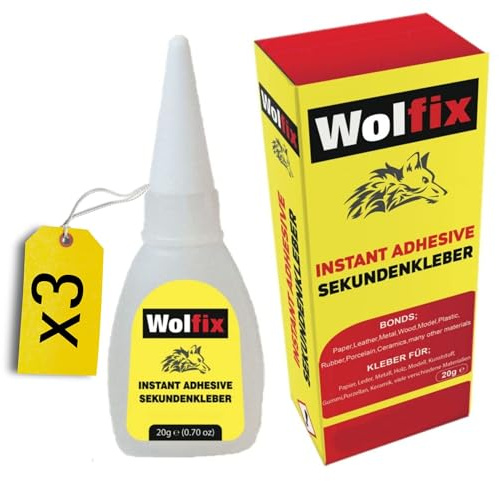 Wolfix Sekundenkleber Extra Stark Flüssig 20g 3 Stück - Stoffkleber, Montagekleber, Textilkleber und Keramikkleber - Alleskleber für Profi Reparaturen - Ideal für Kunststoff, Keramik, Holz und Metall