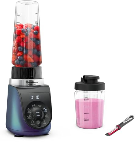 Moulinex - Blend Up Mini Blender Puissant et Transparent - 1000w - Noir | Mixez smoothies - Sauces et boissons végétales avec 8 programmes automatiques - Format compact nomade avec 2 bouteilles