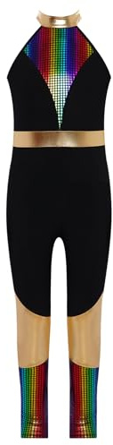 Eandarui Ganzkörper Voltigieranzug Mädchen Pailletten Glitzer Gymnastikanzug Ärmellos Tanzbody Metallic Patchwork Trikot Stehkragen Leotard Tanzkostüm Bunt 134-140