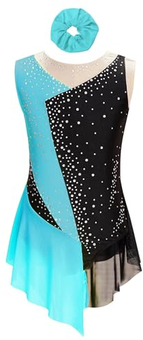 Hedmy Traje de Patinaje Artistico para Niña Competición Maillot con Falda Patinaje sin Mangas + Diadema Vestido Brillante de Baile Contemporáneo Azul verde 9-10 años