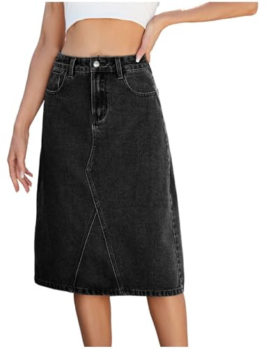 Mrat Denim Skirt with Pockets for Women UK Stretch Mid Wash Fitted A Line Skirts Ladies Elegant Bodycon Jeans Work Office Knee Length Skirts Flattering Slimming Midi Waisted Skirt Y2k Streetwear