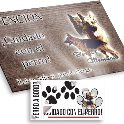 Pastor Alemán Cartel Cuidado Perro Peligroso 20x12,5cm - Diseño Madera Marrón Dibond con Pegatina Coche 20x5cm
