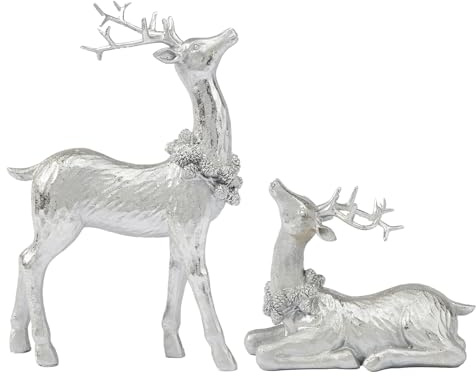 DN DECONATION Christmas Reindeer Figurines, Winter Deer Small Statues Decor, Silver Decorative Reindeer Sculptures, Resin Xmas Holiday Home Décor Accents for Office Living Room & Bedroom 2PCS
