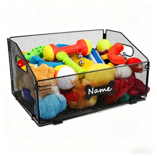 Hundespielzeug Aufbewahrungskorb aus Metall– Faltbare Hundespielzeug Kiste mit Namensschild – Rostfreie, platzsparende Spielzeug Aufbewahrungsbox für Hundespielzeug, Kuscheltiere und Haustierzubehör