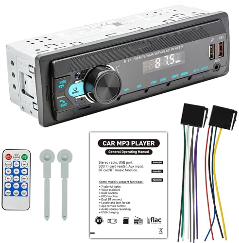 WIYETY Radio de coche Bluetooth 5.0: 1Din con manos libres Bluetooth, sintonizador FM con Bluetooth FM 2USB/AUX/tarjeta SD/reproductor MP3, mando a distancia, MP3/WMA/APE/FLAC
