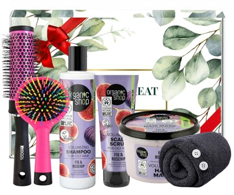 Volumizing Hair Care Set for Oily Hair – Fig & Rosehip Shampoo, Scalp Scrub, Hair Mask, Detangling Brush & Quick-Dry Towel Wrap, Deep Cleanse & Volume Kit, Gift Box Included