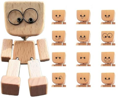 Cikiki Shaking Feet Holzpuppe, Shaking Wooden Man Figur, Holz Auto Desktop Dekoration, handgefertigtes Auto-Armaturenbrett-Zubehör mit 12 magnetischen Ausdrücken, Geschenke für Frau Tochter