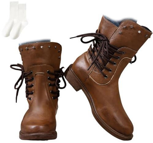 Nbzsmlkn Botas Vintage Con Cordones Laterales Para Mujer, BotaDe Media Caña Anchas Con Cordones, Tacón Bajo, Color Negro, Estilo Retro Con Cremallera Trasera (Marrón,38)