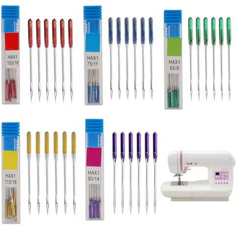 30 Pcs Universal Sewing Machine Needles – Colorful Coded Needles Compatible with Singer, Brother & Most Old Machines – 5 Sizes for Home Sewing, Quilting & DIY Fabrics