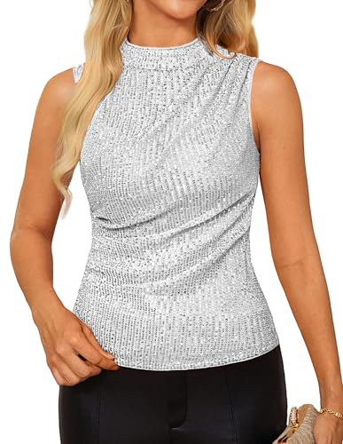 GRACE KARIN Top con paillettes da donna, eleganti top con scollo a incrocio, scintillanti, luccicanti, per la festa, il club, il cocktail, vestibilità aderente, top con ruches, Rosa, argento, XL