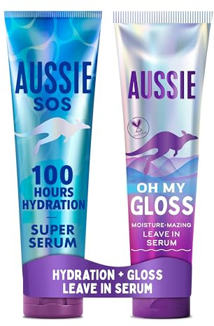 Aussie Oh My Gloss Moisture-Mazing & SOS Super Serum All In One Leave in Treatment, 2x 160ml Duo Pack. 100 Hours of Hydration For Dry Hair. Detangles & Prevents Split Ends. Boosts Moisture & Shine.