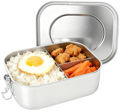 FooYee Fiambrera De Acero Inoxidable Con 3 Compartimentos, 1400ml Lunch Box Hermetica, Lonchera Sellada a Prueba de Fugas,A Prueba de Fugas y Reutilizable, Adecuado para Oficina, Viajes, Camping