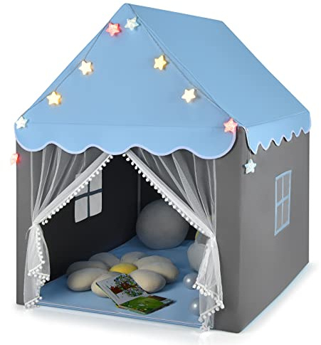HOMASIS Kinderzelt für Indoor, Spielhaus mit Matte & Sternlichtern & Fenstern & doppeltem Vorhang, Kinder Spielzelt Prinzessin Kinderspielzelt Bettzelt für Mädchen & Jungen (Blau, Buntes Licht)
