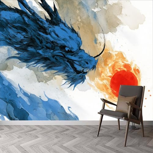 Papier peint panoramique encre dragon boule de feu, photo mural moderne 400L x 280H cm - Papier peint décoration de maison style traditionnel oriental pour salon, chambre, chambre des enfants, bureau