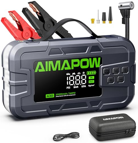 8000A & 160PSI Avviatore Emergenza Auto con Compressore d’Aria, Booster Batteria Auto/Moto 12V (Tutti i Motori Benzina/12L Diesel), 4,2 LCD & 600LM Jump Starter/Funzione di Avvio Forzato（A30）