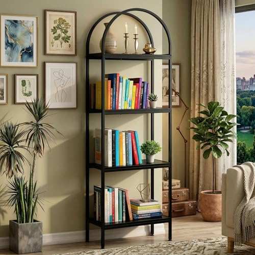 Koioplie Arched Bookcase, 4 Tier Standing Shelf, MDF Wood Material with Chipboard, Mid-Century Modern Style, Black/Black, for Living Room, Bedroom, Office