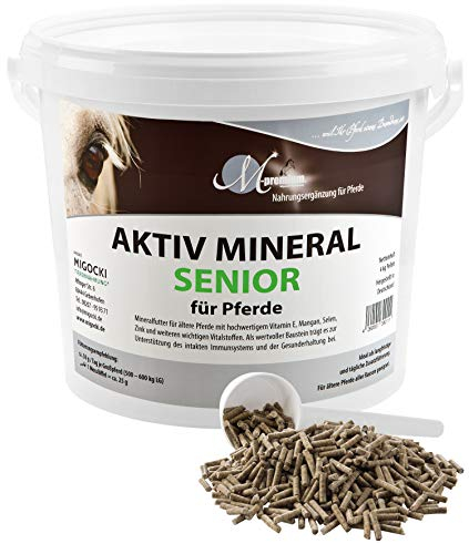 MIGOCKI AKTIV Mineral Senior – 4 kg – Mineralfutter für ältere Pferde – mit Zink, Selen, Mangan und einem hochwertigen Zellschutz-Baustein – Pellets