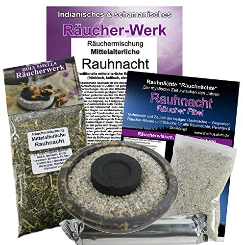 Rauhnacht 7-TLG Räucherset zum räuchern für Rauhnächte + Dreikönige. Mittelalterliche Räuchermischung (15 Kräuter, Harze, Hölzer). Räucherpfanne. Rauhnachtfibel. ZUBEHÖR. 81198-P