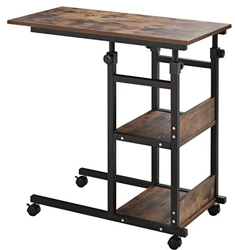 HOMCOM Industrial C-Shaped Mobile Rolling Sofa Side Table with 3-Tier Storage Shelving, Adjustable Height, & Wheels