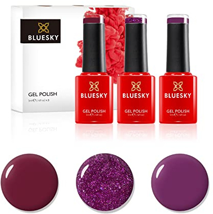Bluesky Gel Nail Polish Set, Vampy Reds, Independent Woman Blz28, Vampy Berry Bp11, Oxblood 80628, 3 x 5 ml, Dark Purple, Red Glitter (Requires Curing Under UV or LED Lamp)