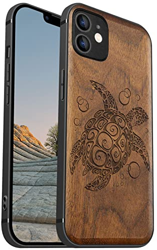 Carveit Coque en Bois pour iPhone 12, (Noyer-Tortue de mer) | Magnétique Protection Coque de Téléphone Antichoc Bumper TPU Compatible Magsafe pour iPhone 12 Étui Bois