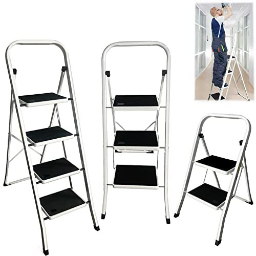 3 Step Ladder Portable Folding Ladder for Indoor Outdoor Household Office Metal Herringbone Ladder Telescoping Compact Climbing Stepladder, 150KG/330LBS Max Loading